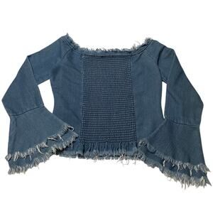 Y2K 2000s Venus Denim Jean Crop Bustier Blouse Bell Sleeve Off The Shoulder Sz S
